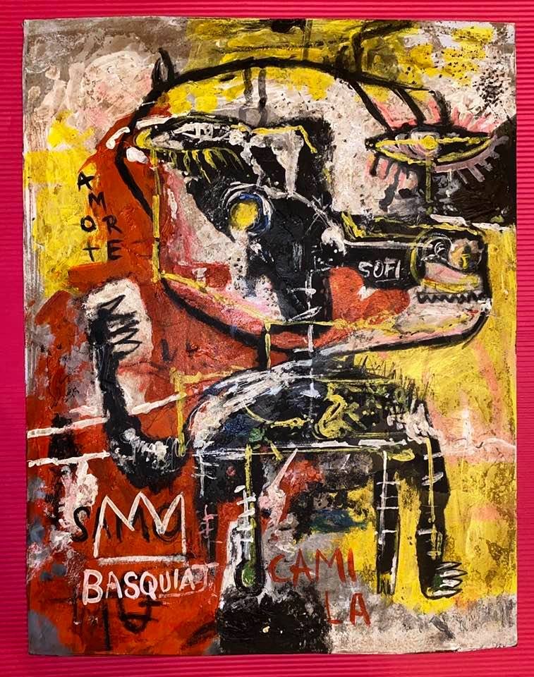 Jean Michel Basquiat (Oil on Cardboard) Style of: In the style of Jean-Michel Basquiat Oil on Cardboard 17 3/4 x 13 3/4 in. Jean-Michel Basquiat (December 22, 1960 – August 12, 1988) was an American artist of Haitian and Puerto Rican descent. Basqu
