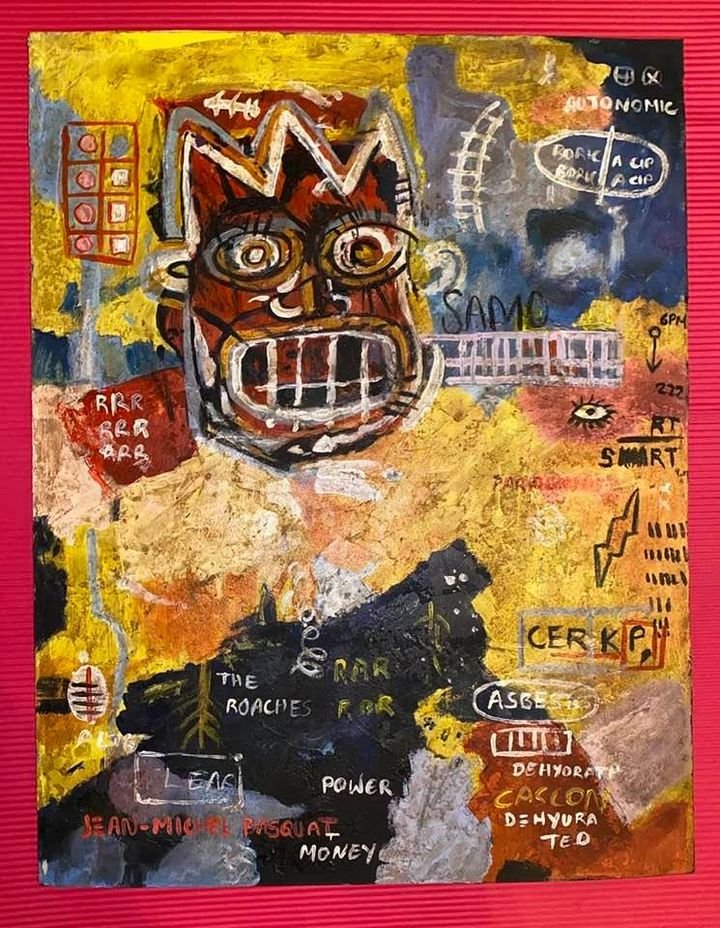 Jean Michel Basquiat (Oil on Cardboard) Style of: In the style of Jean-Michel Basquiat Oil on Cardboard 17 3/4 x 13 3/4 in. Jean-Michel Basquiat (December 22, 1960 – August 12, 1988) was an American artist of Haitian and Puerto Rican descent. Basqu