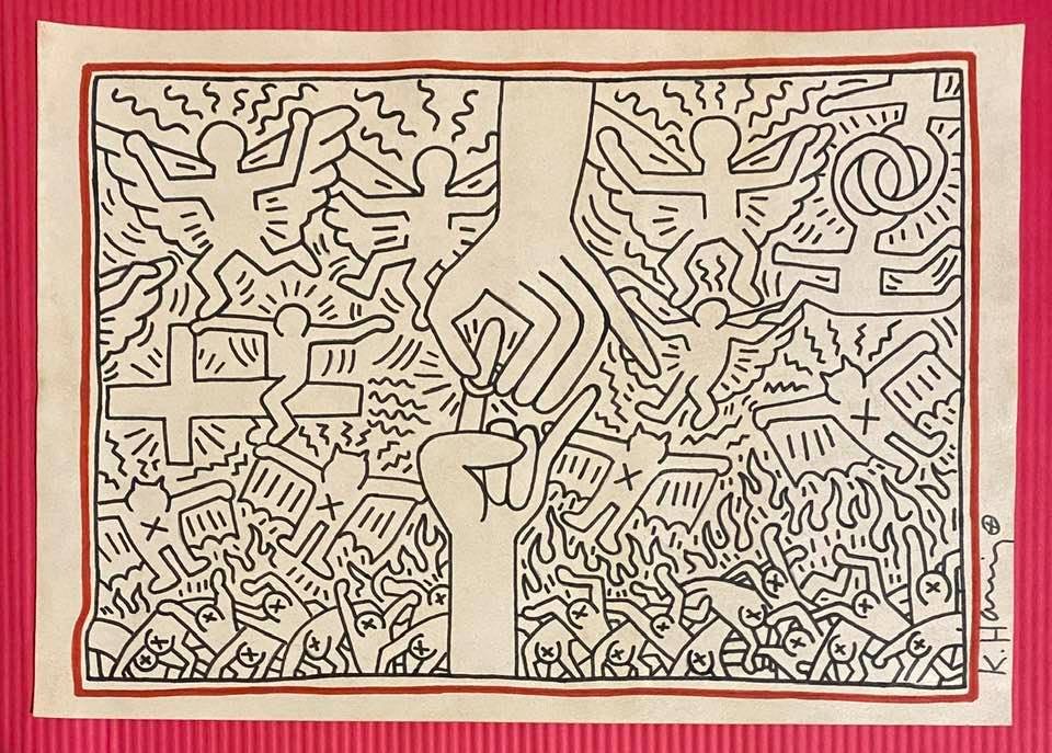 Keith Haring mixed media drawing (in the style of): In the style of Keith Haring Drawing on paper 11 3/4 x 8 1/4 in. Keith Haring was born in 1958 in Reading, Pennsylvania, and grew up in Kutztown, a nearby town. He died in New York in 1990. ... In 198