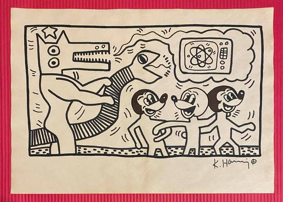 Keith Haring mixed media drawing (in the style of): In the style of Keith Haring Drawing on paper 11 3/4 x 8 1/4 in. Keith Haring was born in 1958 in Reading, Pennsylvania, and grew up in Kutztown, a nearby town. He died in New York in 1990. ... In 198