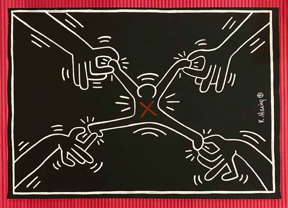 Keith Haring mixed media drawing (in the style of): In the style of Keith Haring Drawing on paper 11 3/4 x 8 1/4 in. Keith Haring was born in 1958 in Reading, Pennsylvania, and grew up in Kutztown, a nearby town. He died in New York in 1990. ... In 198