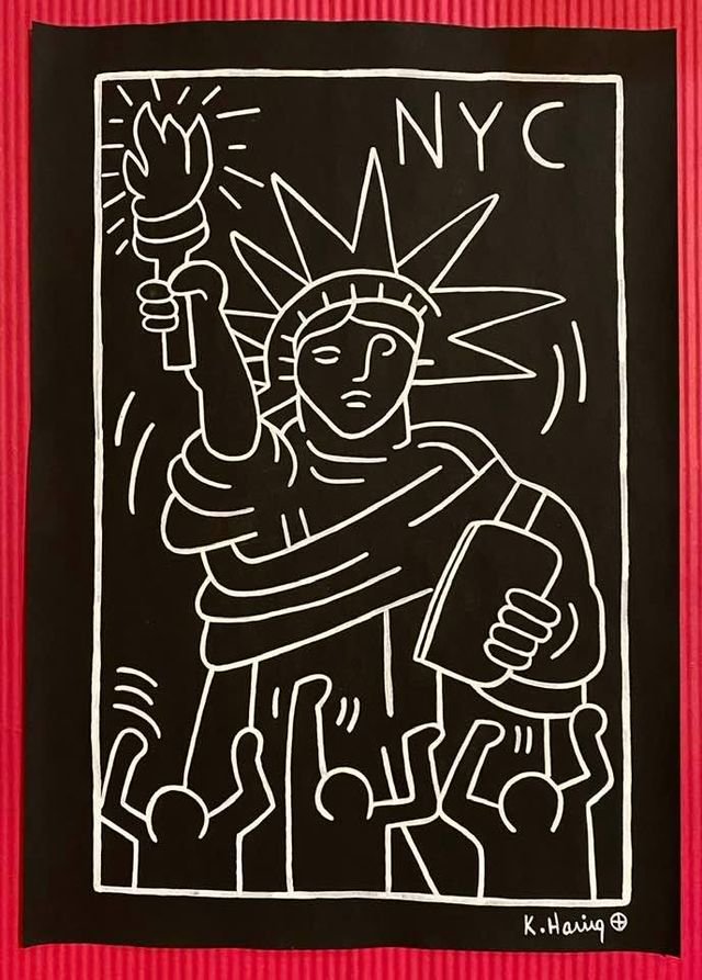 Keith Haring mixed media drawing (in the style of): In the style of Keith Haring Drawing on paper 11 3/4 x 8 1/4 in. Keith Haring was born in 1958 in Reading, Pennsylvania, and grew up in Kutztown, a nearby town. He died in New York in 1990. ... In 198