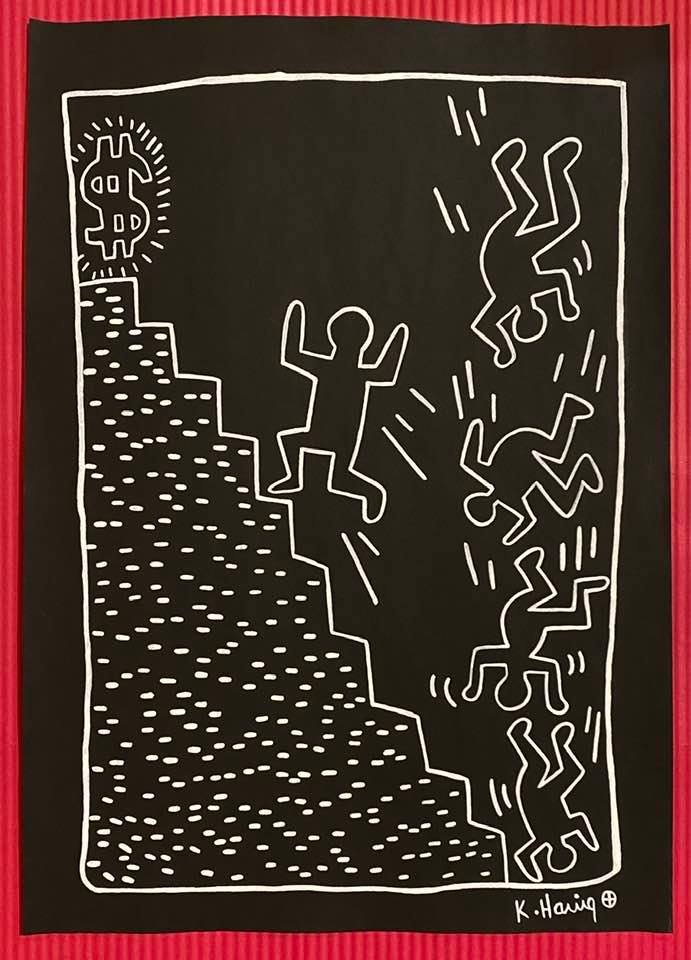 Keith Haring mixed media drawing (in the style of): In the style of Keith Haring Drawing on paper 11 3/4 x 8 1/4 in. Keith Haring was born in 1958 in Reading, Pennsylvania, and grew up in Kutztown, a nearby town. He died in New York in 1990. ... In 198