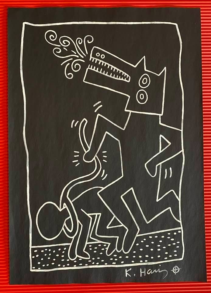 Keith Haring mixed media drawing (in the style of): In the style of Keith Haring Drawing on paper 11 3/4 x 8 1/4 in. Keith Haring was born in 1958 in Reading, Pennsylvania, and grew up in Kutztown, a nearby town. He died in New York in 1990. ... In 198