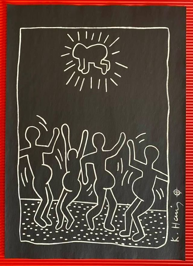 Keith Haring mixed media drawing (in the style of): In the style of Keith Haring Drawing on paper 11 3/4 x 8 1/4 in. Keith Haring was born in 1958 in Reading, Pennsylvania, and grew up in Kutztown, a nearby town. He died in New York in 1990. ... In 198