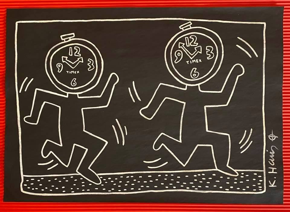 Keith Haring mixed media drawing (in the style of): In the style of Keith Haring Drawing on paper 11 3/4 x 8 1/4 in. Keith Haring was born in 1958 in Reading, Pennsylvania, and grew up in Kutztown, a nearby town. He died in New York in 1990. ... In 198