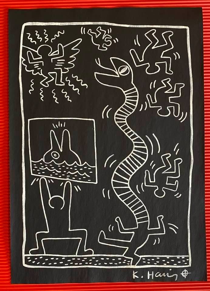 Keith Haring mixed media drawing (in the style of): In the style of Keith Haring Drawing on paper 11 3/4 x 8 1/4 in. Keith Haring was born in 1958 in Reading, Pennsylvania, and grew up in Kutztown, a nearby town. He died in New York in 1990. ... In 198