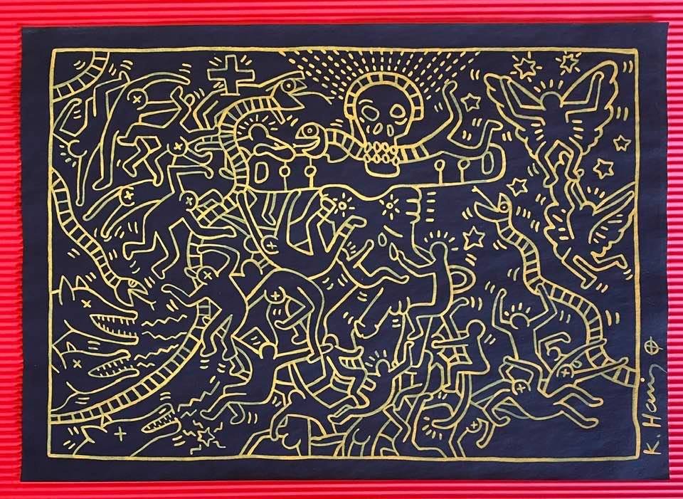 Keith Haring mixed media drawing (in the style of): In the style of Keith Haring Drawing on paper 11 3/4 x 8 1/4 in. Keith Haring was born in 1958 in Reading, Pennsylvania, and grew up in Kutztown, a nearby town. He died in New York in 1990. ... In 198