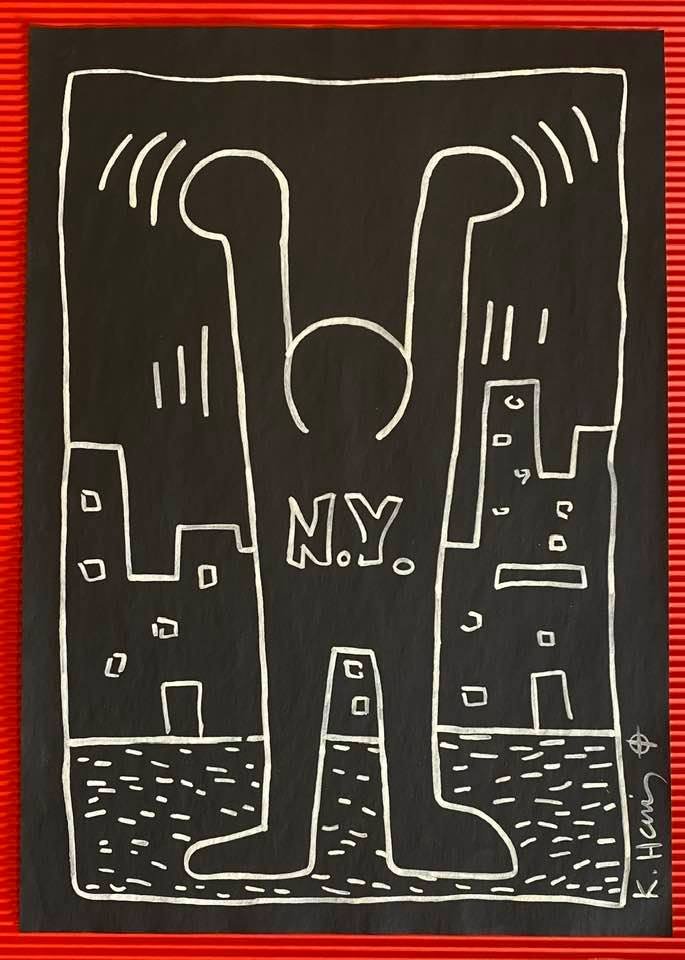 Keith Haring mixed media drawing (in the style of): In the style of Keith Haring Drawing on paper 11 3/4 x 8 1/4 in. Keith Haring was born in 1958 in Reading, Pennsylvania, and grew up in Kutztown, a nearby town. He died in New York in 1990. ... In 198