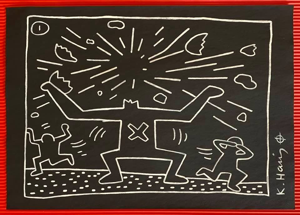 Keith Haring mixed media drawing (in the style of): In the style of Keith Haring Drawing on paper 11 3/4 x 8 1/4 in. Keith Haring was born in 1958 in Reading, Pennsylvania, and grew up in Kutztown, a nearby town. He died in New York in 1990. ... In 198