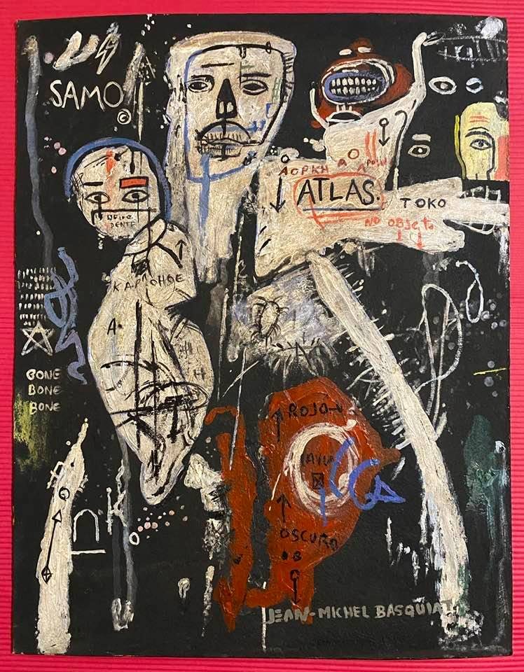 Jean Michel Basquiat (Oil on Cardboard) Style of: In the style of Jean-Michel Basquiat Oil on Cardboard 17 3/4 x 13 3/4 in. Jean-Michel Basquiat (December 22, 1960 â€“ August 12, 1988) was an American artist of Haitian and Puerto Rican descent. 