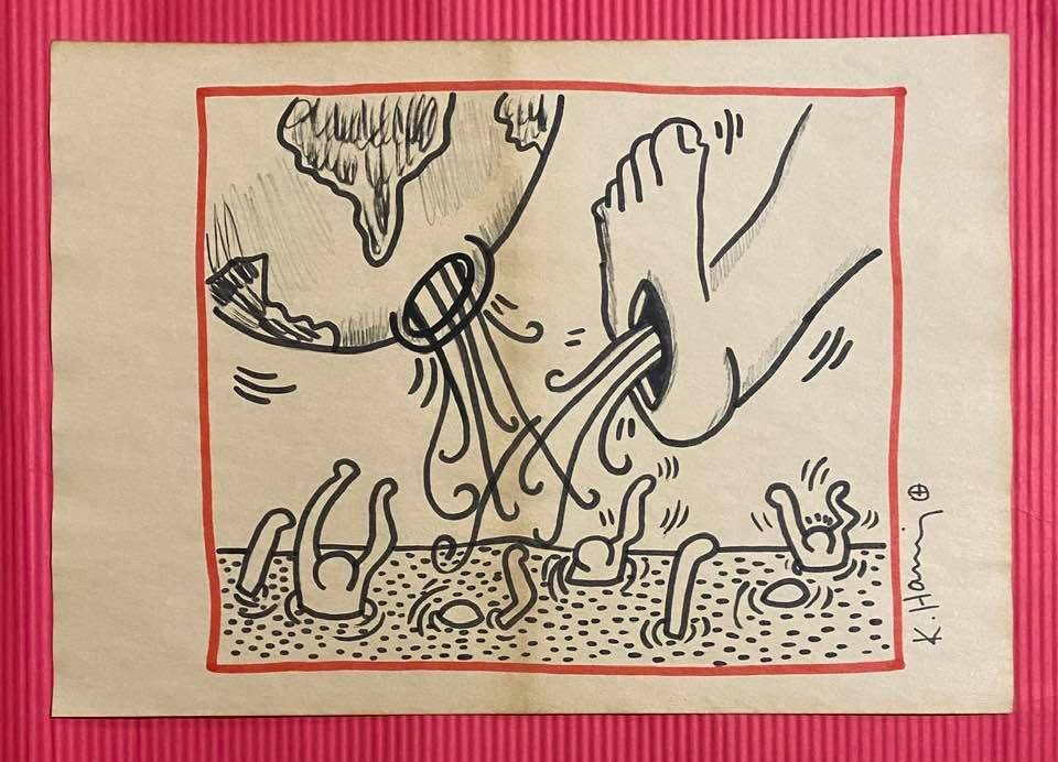 Keith Haring mixed media drawing (in the style of): In the style of Keith Haring Drawing on paper 11 3/4 x 8 1/4 in. Keith Haring was born in 1958 in Reading, Pennsylvania, and grew up in Kutztown, a nearby town. He died in New York in 1990. ... In 198