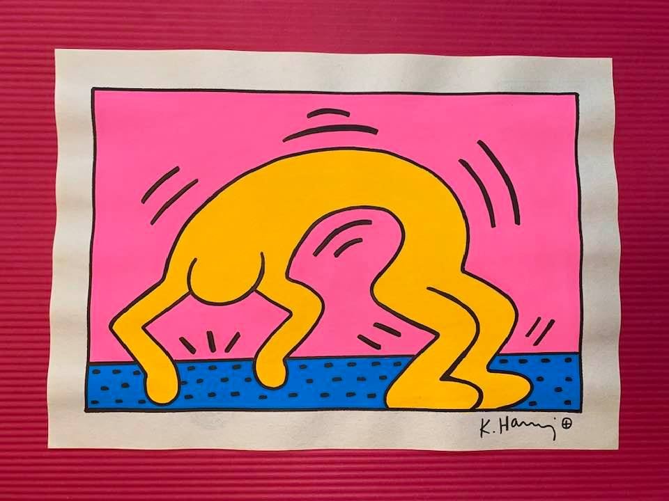 Keith Haring mixed media drawing (in the style of): In the style of Keith Haring Drawing on paper 11 3/4 x 8 1/4 in. Keith Haring was born in 1958 in Reading, Pennsylvania, and grew up in Kutztown, a nearby town. He died in New York in 1990. ... In 198