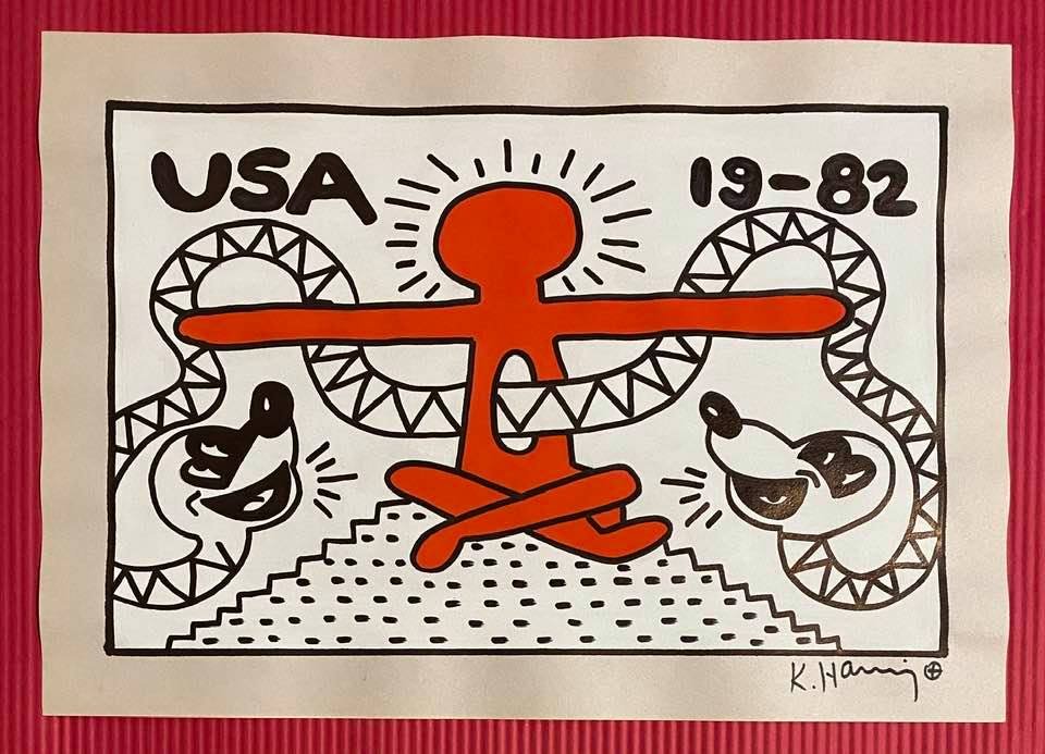 Keith Haring mixed media drawing (in the style of): In the style of Keith Haring Drawing on paper 11 3/4 x 8 1/4 in. Keith Haring was born in 1958 in Reading, Pennsylvania, and grew up in Kutztown, a nearby town. He died in New York in 1990. ... In 198