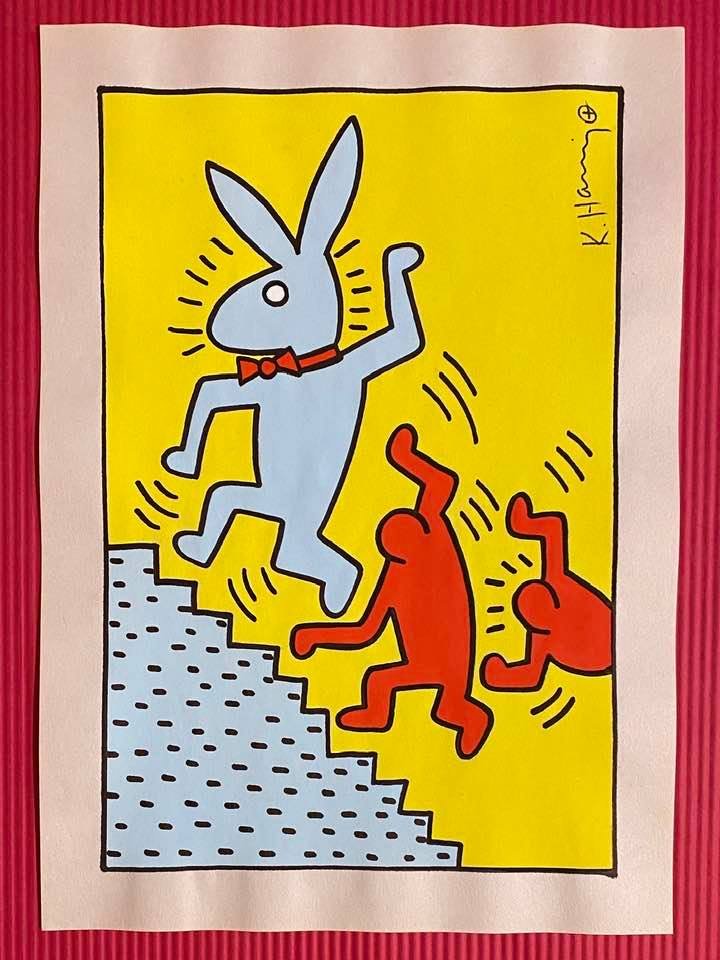 Keith Haring mixed media drawing (in the style of): In the style of Keith Haring Drawing on paper 11 3/4 x 8 1/4 in. Keith Haring was born in 1958 in Reading, Pennsylvania, and grew up in Kutztown, a nearby town. He died in New York in 1990. ... In 198