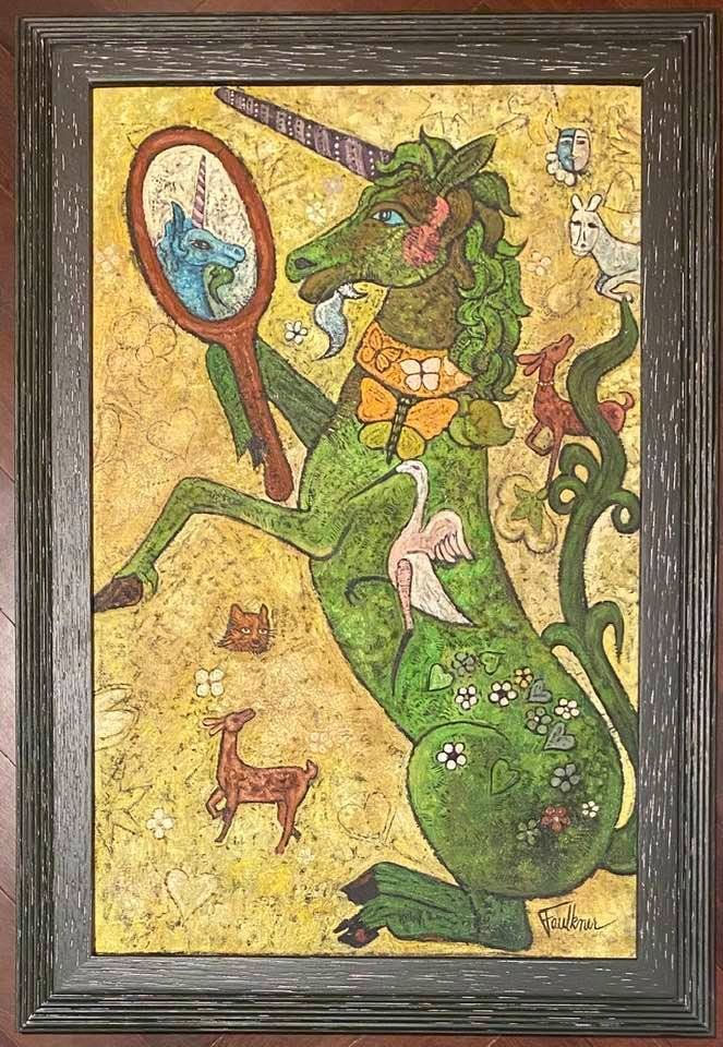Henry Faulkner (American, 1924-1981) (In the Style of): Oil on Canvas, framed 25 1/4 x 17 1/4 in. Style of Henry Lawrence Faulkner (January 9, 1924 Ãƒâ€šÃ¢€â€œ December 3, 1981)- was a Kentucky-born artist and poet known as an eccentric re