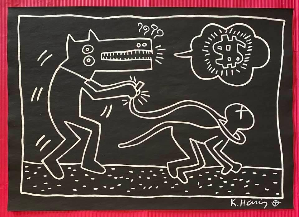 Keith Haring mixed media drawing (in the style of): In the style of Keith Haring Drawing on paper 11 3/4 x 8 1/4 in. Keith Haring was born in 1958 in Reading, Pennsylvania, and grew up in Kutztown, a nearby town. He died in New York in 1990. ... In 198