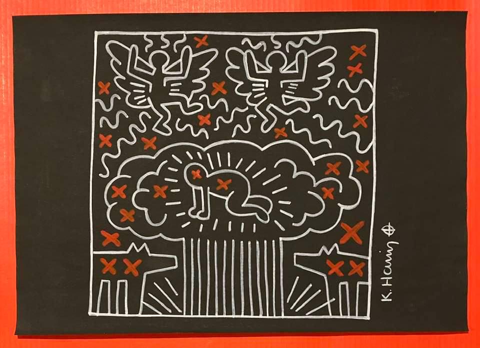 Keith Haring mixed media drawing (in the style of): In the style of Keith Haring Drawing on paper 11 3/4 x 8 1/4 in. Keith Haring was born in 1958 in Reading, Pennsylvania, and grew up in Kutztown, a nearby town. He died in New York in 1990. ... In 198