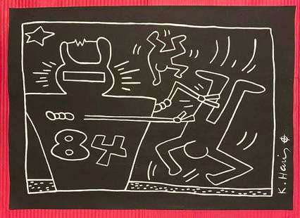 Keith Haring mixed media drawing (in the style of): In the style of Keith Haring Drawing on paper 11 3/4 x 8 1/4 in. Keith Haring was born in 1958 in Reading, Pennsylvania, and grew up in Kutztown, a nearby town. He died in New York in 1990. ... In