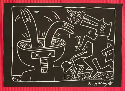 Keith Haring mixed media drawing (in the style of): In the style of Keith Haring Drawing on paper 11 3/4 x 8 1/4 in. Keith Haring was born in 1958 in Reading, Pennsylvania, and grew up in Kutztown, a nearby town. He died in New York in 1990. ... In