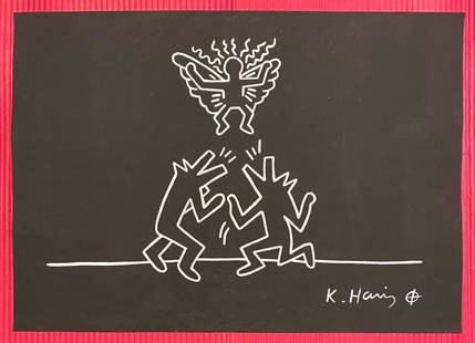 Keith Haring mixed media drawing (in the style of): In the style of Keith Haring Drawing on paper 11 3/4 x 8 1/4 in. Keith Haring was born in 1958 in Reading, Pennsylvania, and grew up in Kutztown, a nearby town. He died in New York in 1990. ... In