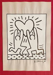 Keith Haring mixed media drawing (in the style of): In the style of Keith Haring Drawing on paper 11 3/4 x 8 1/4 in. Keith Haring was born in 1958 in Reading, Pennsylvania, and grew up in Kutztown, a nearby town. He died in New York in 1990. ... In