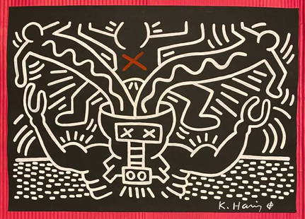 Keith Haring mixed media drawing (in the style of): In the style of Keith Haring Drawing on paper 11 3/4 x 8 1/4 in. Keith Haring was born in 1958 in Reading, Pennsylvania, and grew up in Kutztown, a nearby town. He died in New York in 1990. ... In