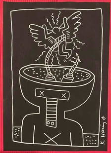 Keith Haring mixed media drawing (in the style of): In the style of Keith Haring Drawing on paper 11 3/4 x 8 1/4 in. Keith Haring was born in 1958 in Reading, Pennsylvania, and grew up in Kutztown, a nearby town. He died in New York in 1990. ... In
