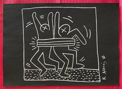 Keith Haring mixed media drawing (in the style of): In the style of Keith Haring Drawing on paper 11 3/4 x 8 1/4 in. Keith Haring was born in 1958 in Reading, Pennsylvania, and grew up in Kutztown, a nearby town. He died in New York in 1990. ... In