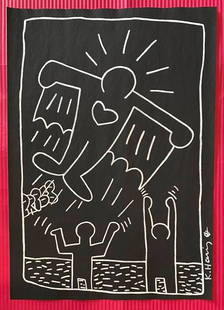 Keith Haring mixed media drawing (in the style of): In the style of Keith Haring Drawing on paper 11 3/4 x 8 1/4 in. Keith Haring was born in 1958 in Reading, Pennsylvania, and grew up in Kutztown, a nearby town. He died in New York in 1990. ... In