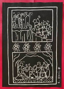 Keith Haring mixed media drawing (in the style of): In the style of Keith Haring Drawing on paper 11 3/4 x 8 1/4 in. Keith Haring was born in 1958 in Reading, Pennsylvania, and grew up in Kutztown, a nearby town. He died in New York in 1990. ... In