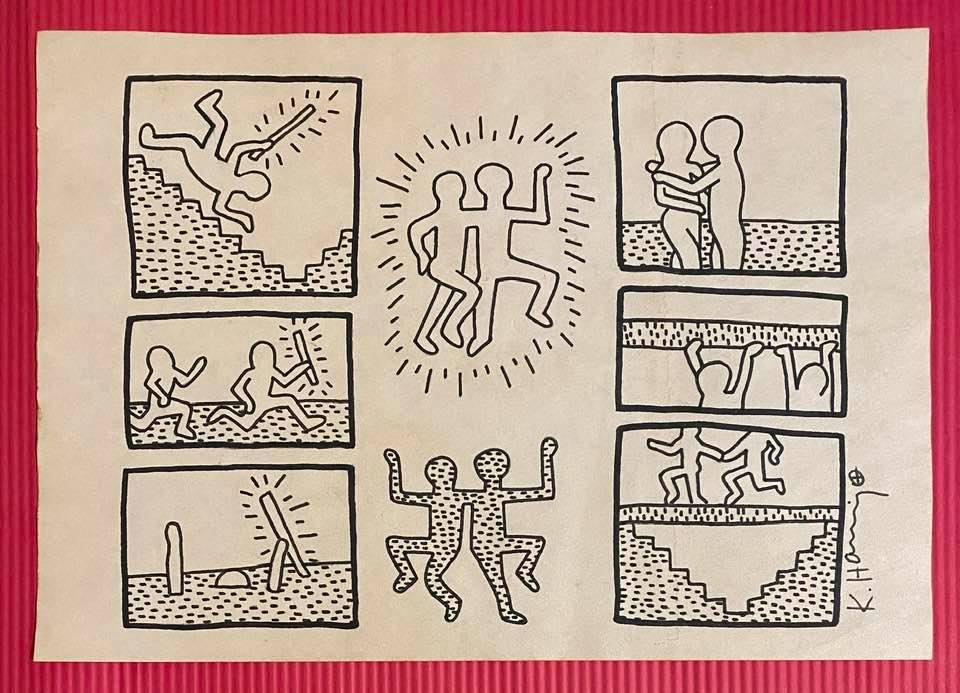 Keith Haring mixed media drawing (in the style of): In the style of Keith Haring Drawing on paper 11 3/4 x 8 1/4 in. Keith Haring was born in 1958 in Reading, Pennsylvania, and grew up in Kutztown, a nearby town. He died in New York in 1990. ... In 198