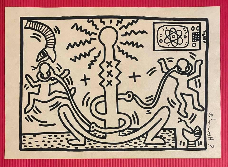 Keith Haring mixed media drawing (in the style of): In the style of Keith Haring Drawing on paper 11 3/4 x 8 1/4 in. Keith Haring was born in 1958 in Reading, Pennsylvania, and grew up in Kutztown, a nearby town. He died in New York in 1990. ... In 198