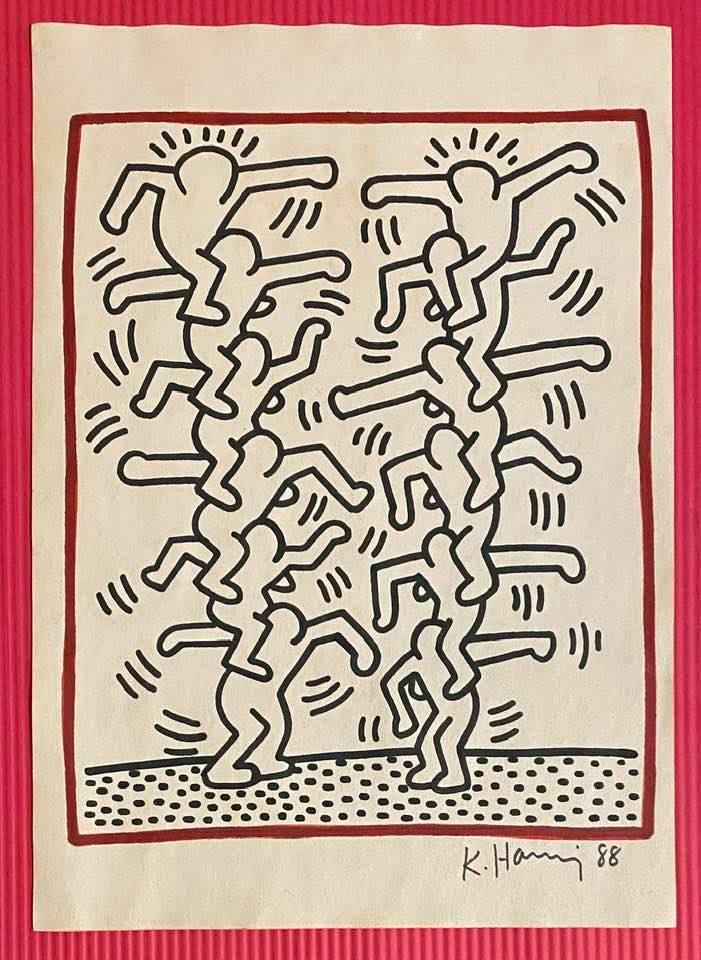 Keith Haring mixed media drawing (in the style of): In the style of Keith Haring Drawing on paper 11 3/4 x 8 1/4 in. Keith Haring was born in 1958 in Reading, Pennsylvania, and grew up in Kutztown, a nearby town. He died in New York in 1990. ... In 198