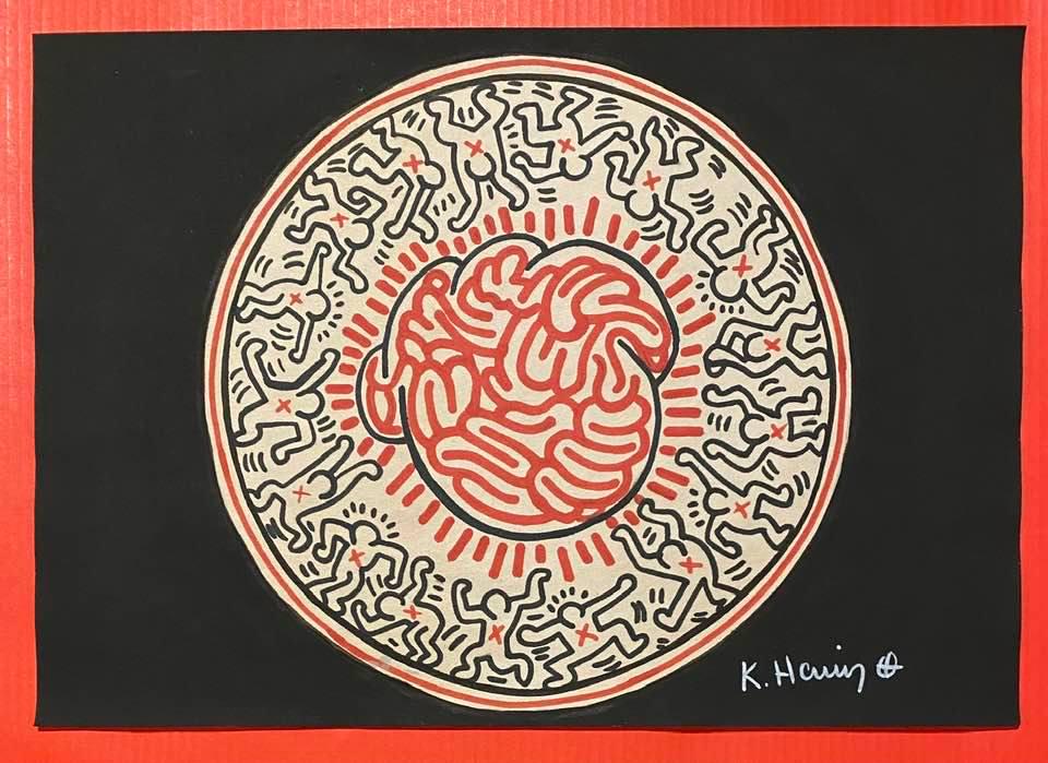 Keith Haring mixed media drawing (in the style of): In the style of Keith Haring Drawing on paper 11 3/4 x 8 1/4 in. Keith Haring was born in 1958 in Reading, Pennsylvania, and grew up in Kutztown, a nearby town. He died in New York in 1990. ... In 198