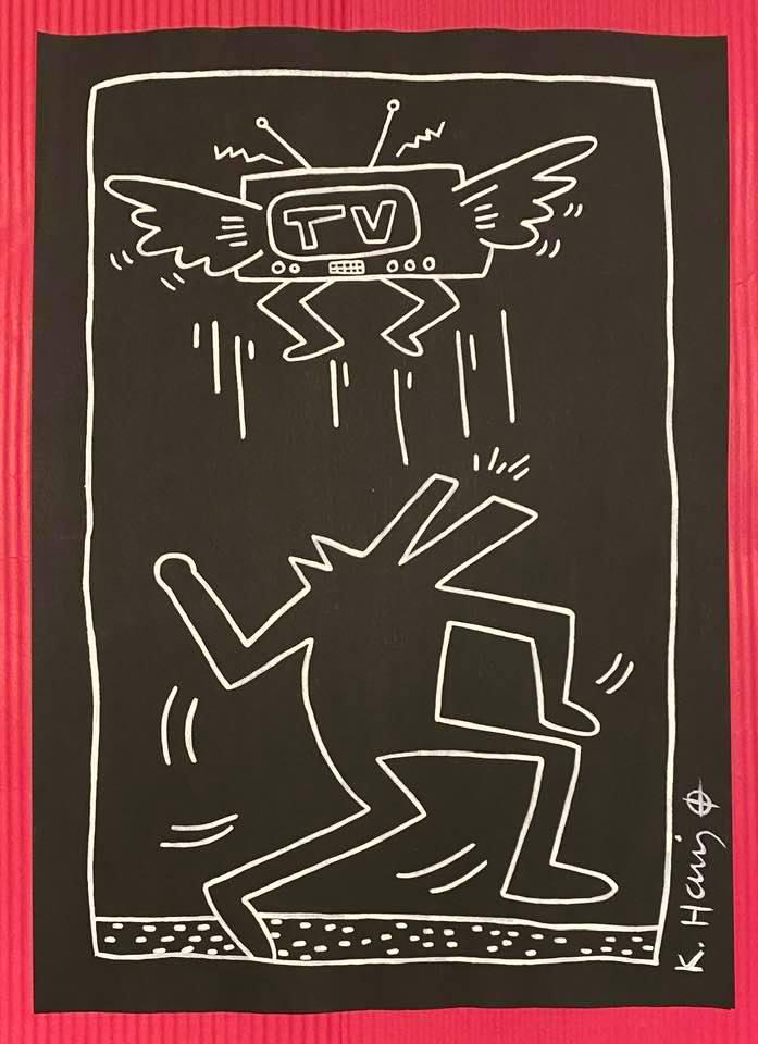 Keith Haring mixed media drawing (in the style of): In the style of Keith Haring Drawing on paper 11 3/4 x 8 1/4 in. Keith Haring was born in 1958 in Reading, Pennsylvania, and grew up in Kutztown, a nearby town. He died in New York in 1990. ... In 198