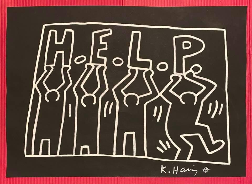 Keith Haring mixed media drawing (in the style of): In the style of Keith Haring Drawing on paper 11 3/4 x 8 1/4 in. Keith Haring was born in 1958 in Reading, Pennsylvania, and grew up in Kutztown, a nearby town. He died in New York in 1990. ... In 198
