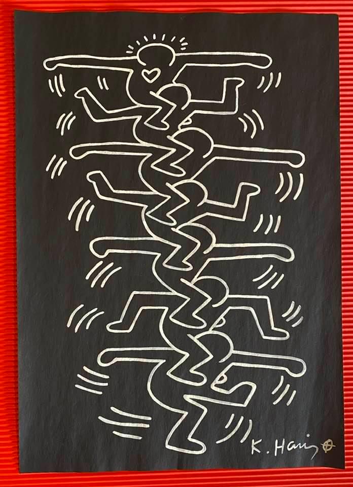 Keith Haring mixed media drawing (in the style of): In the style of Keith Haring Drawing on paper 11 3/4 x 8 1/4 in. Keith Haring was born in 1958 in Reading, Pennsylvania, and grew up in Kutztown, a nearby town. He died in New York in 1990. ... In 198