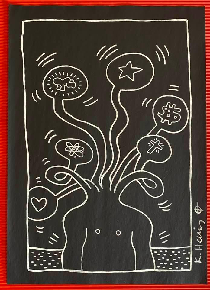 Keith Haring mixed media drawing (in the style of): In the style of Keith Haring Drawing on paper 11 3/4 x 8 1/4 in. Keith Haring was born in 1958 in Reading, Pennsylvania, and grew up in Kutztown, a nearby town. He died in New York in 1990. ... In 198
