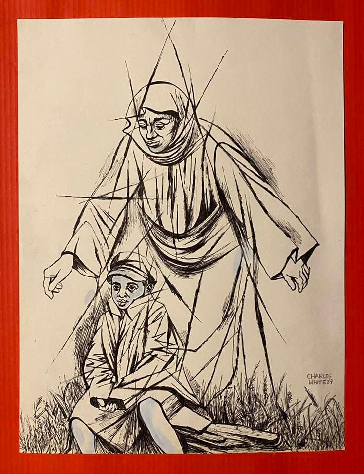 CHARLES WHITE, DRAWING (IN THE STYLE OF): In the style of Charles White - Drawing on paper, 11 x 8 1/4 in. Charles Wilbert White, Jr. was an American artist known for his chronicling of African American related subjects in paintings, drawings