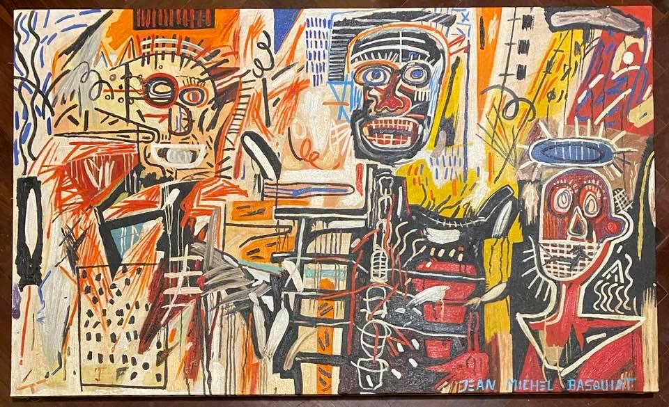 JEAN MICHEL BASQUIAT (OIL ON CANVAS) IN THE STYLE OF: In the style of Jean-Michel Basquiat Oil on Canvas 38 1/4 x 23 1/4 in. Jean-Michel Basquiat (December 22, 1960 August 12, 1988) was an American artist of Haitian and Puerto Rican descent. Basquiat fir