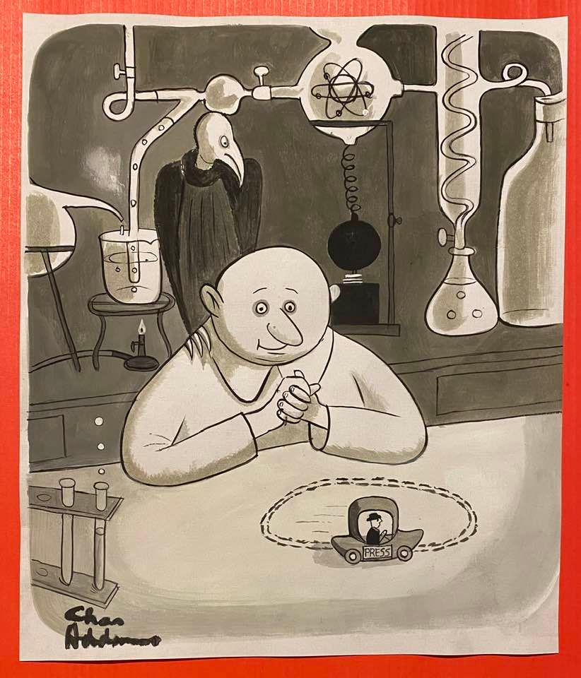 Charles Addams DRAWING ON PAPER (IN THE STYLE OF): (January 7, 1912 September 29, 1988) was an American artist and cartoonist known for his darkly humorous and macabre characters. He signed his cartoons under the pen name Chas Addams. Some of the recu