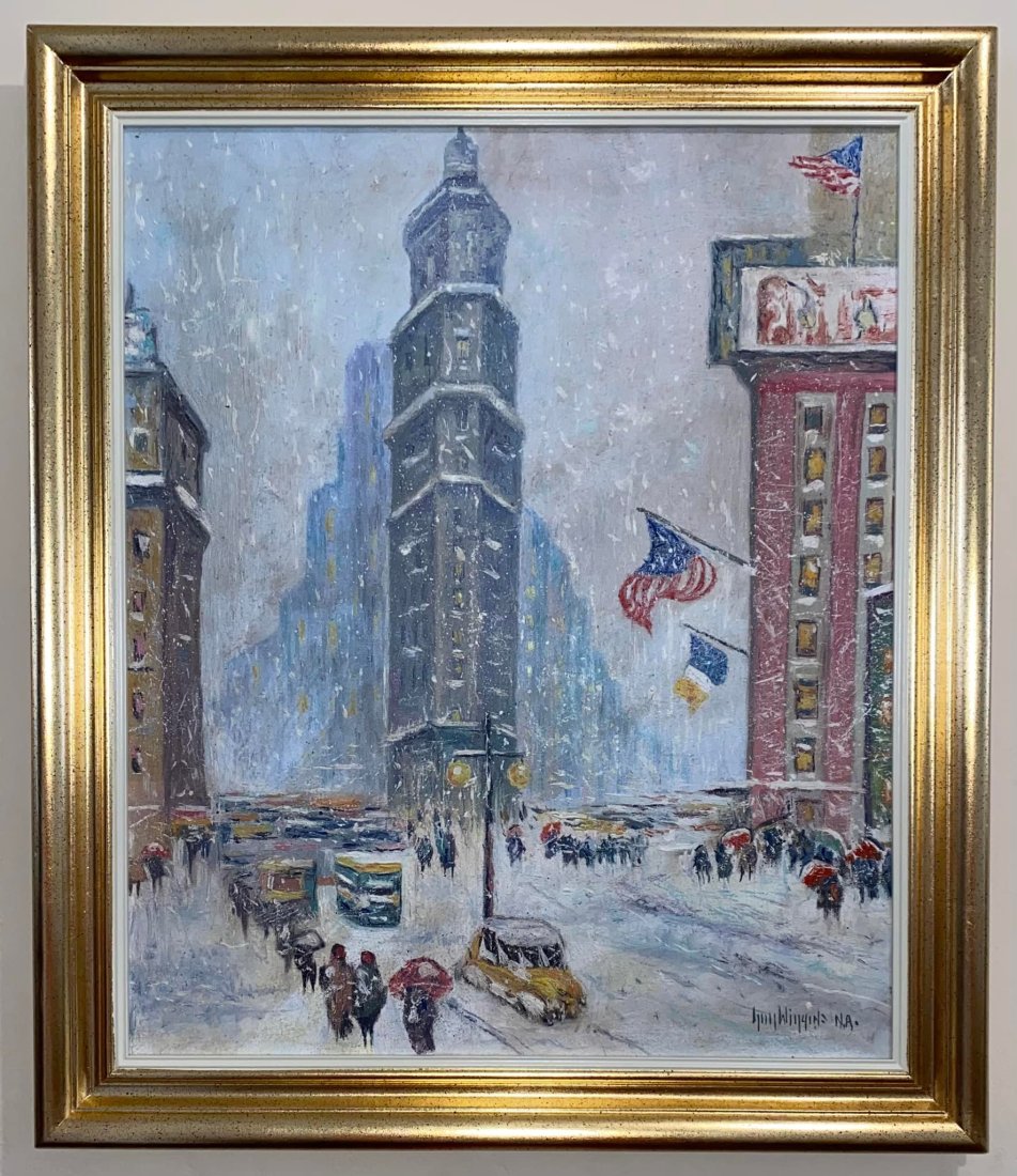 GUY C. WIGGINS (1883-1962) - OIL (IN THE STYLE OF): In the style of Guy Wiggins ( Oil on Canvas). 27 3/4 x 23 3/4 in framed, unframed 23 1/4 x 19 1/4 in. Guy Carleton Wiggins NA (February 23, 1883 April 25, 1962) was an American impressionist painter.