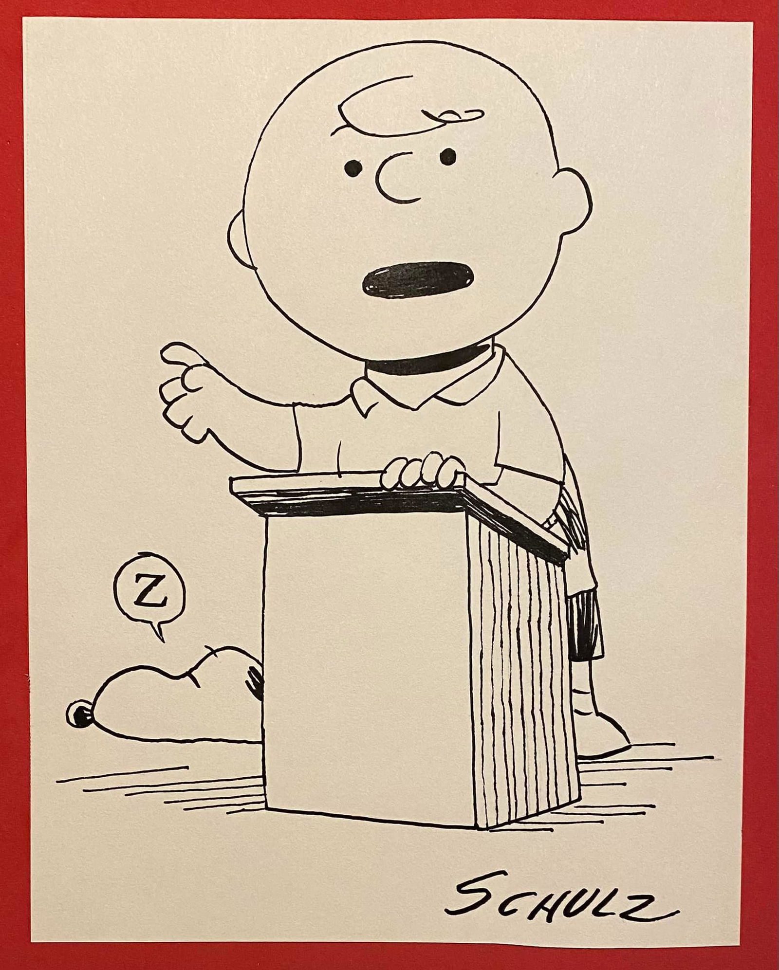 CHARLES SCHULZ INK (IN THE STYLE OF): In The Style of Charles Schulz Drawing on Paper 10 1/2 x 8 1/4 in. Charles Schulz November 26, 1922 February 12, 2000) was an American cartoonist and creator of the comic strip Peanuts (which featured