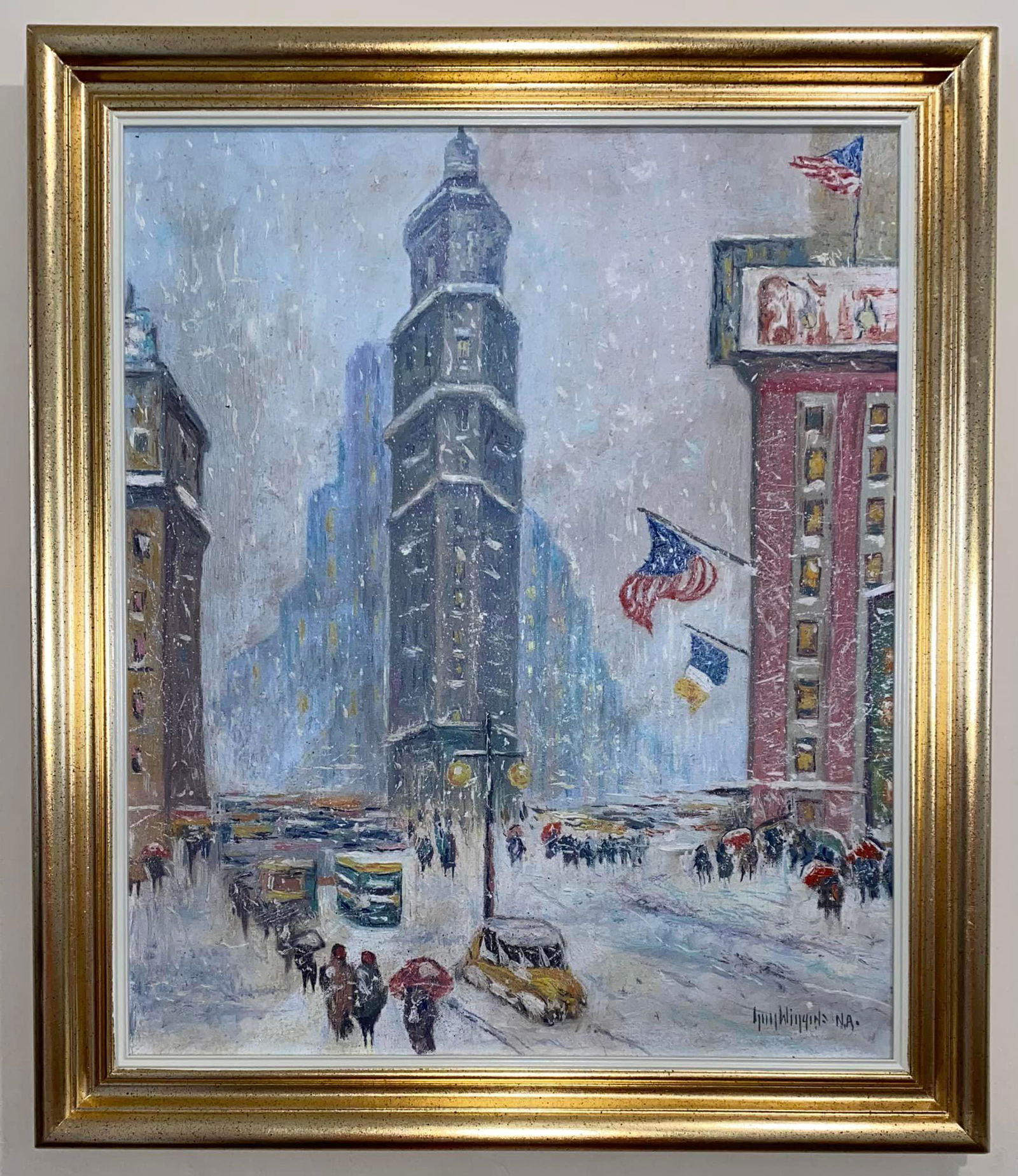 GUY C. WIGGINS (1883-1962) - OIL (IN THE STYLE OF): In the style of Guy Wiggins ( Oil on Canvas). 27 3/4 x 23 3/4 in framed, unframed 23 1/4 x 19 1/4 in. Guy Carleton Wiggins NA (February 23, 1883 April 25, 1962) was an American impressionist painter.