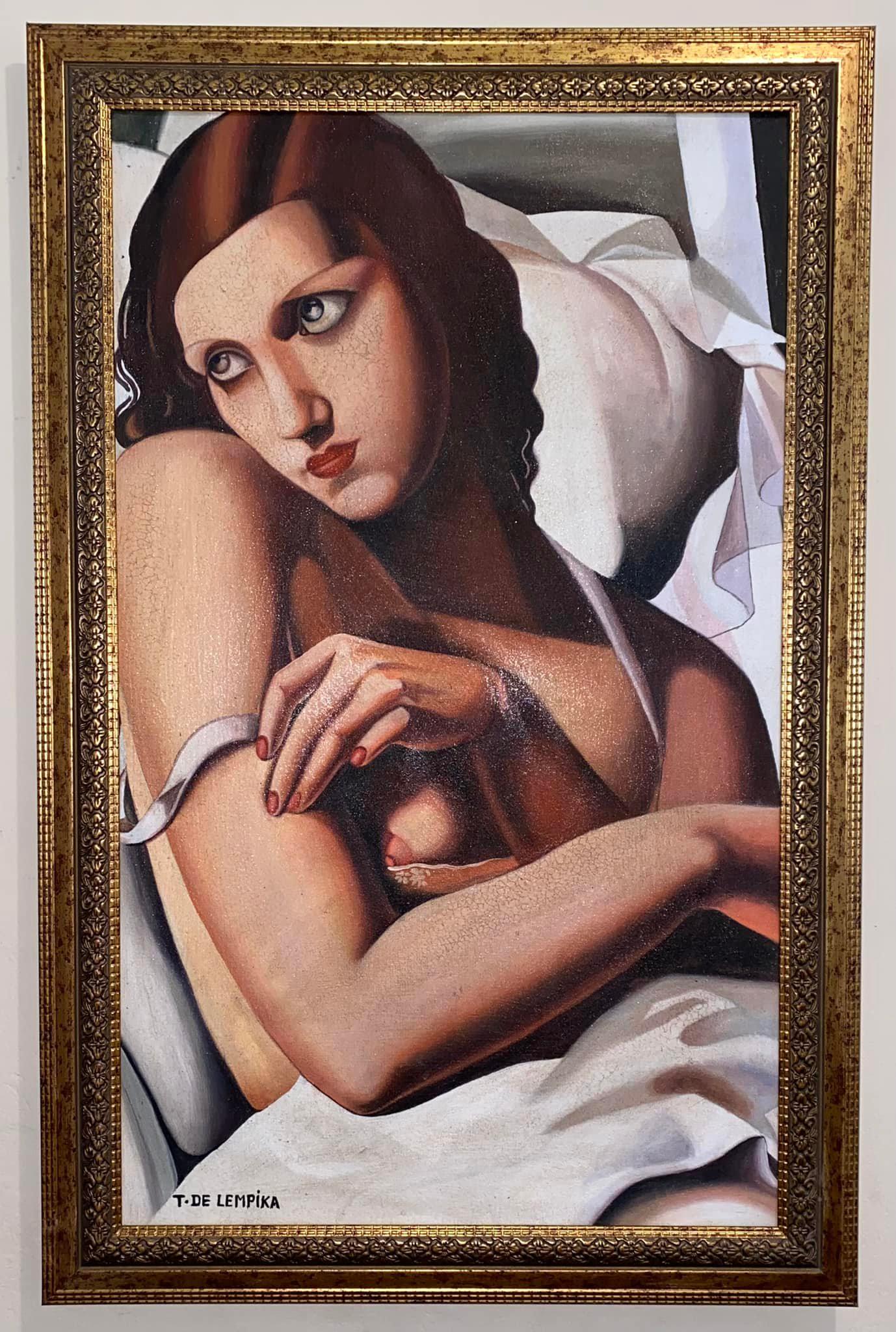 Tamara de Lempicka (OIL ON CANVAS) IN THE STYLE OF: In The Style of Tamara de Lempicka (Oil on Canvas) 31 x 20 1/4 in framed, unframed 27 x 16 1/4 in. Tamara de Lempicka, also known as Tamara Ã…empicka, born Tamara Rosalia Gurwik-GÃƒÂ³rska, was