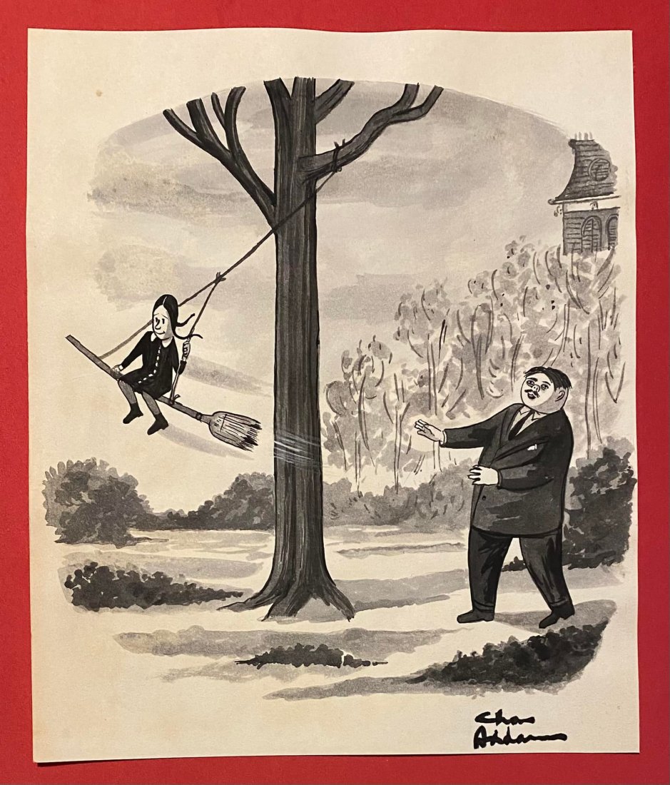 Charles Addams DRAWING ON PAPER (IN THE STYLE OF): (January 7, 1912 September 29, 1988) was an American artist and cartoonist known for his darkly humorous and macabre characters. He signed his cartoons under the pen name Chas Addams. Some of the recu
