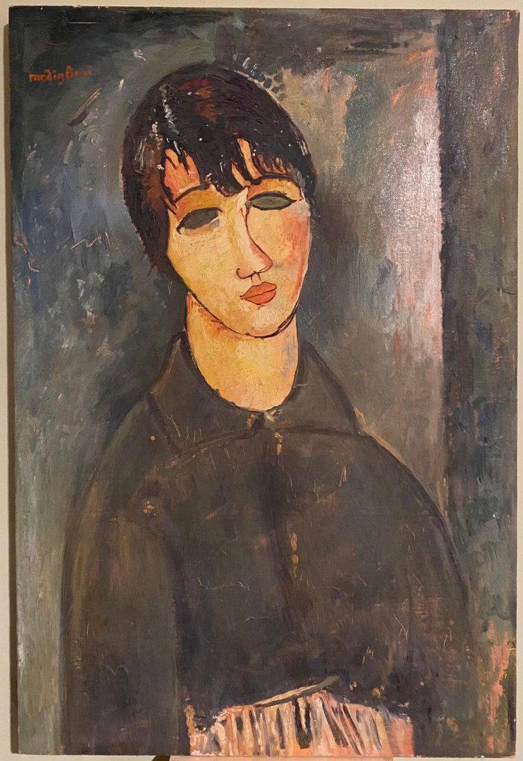 Amedeo Modigliani Oil (1884-1920) In the style of: Amedeo Clemente Modigliani was an Italian painter, draftsman and sculptor, known for his portraits and nudes in a style characterized by the elongation of faces and figures, which was not well receive