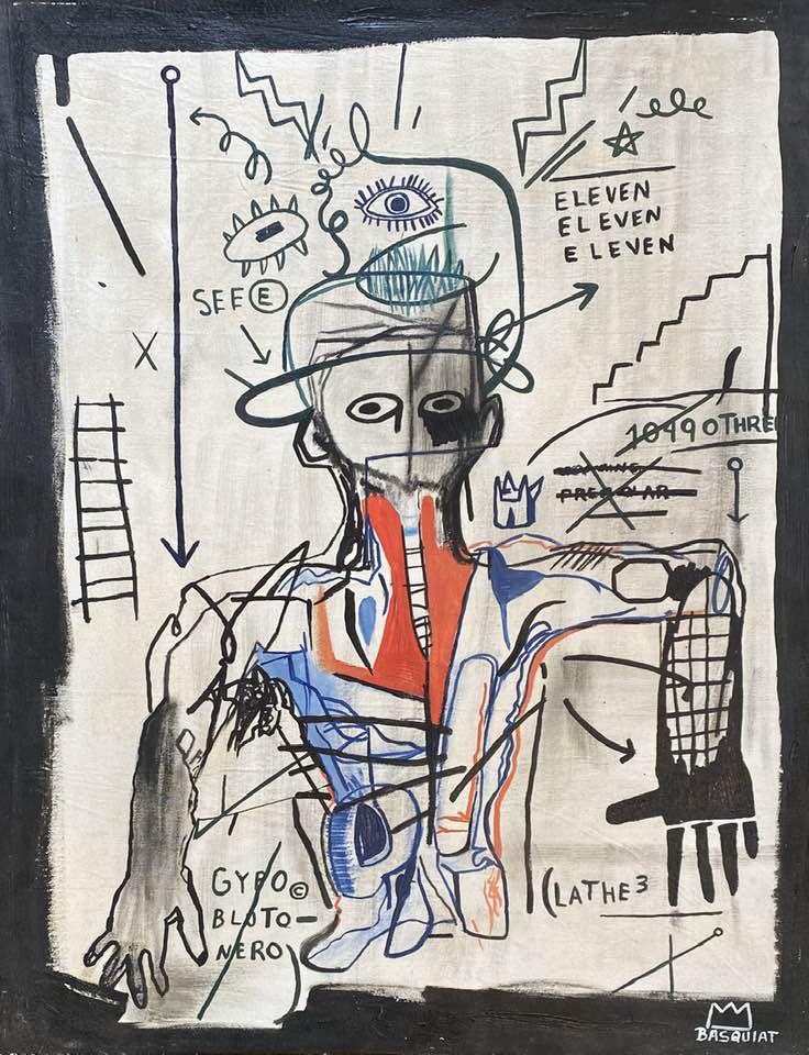 JEAN MICHEL BASQUIAT (OIL ON CANVAS) IN THE STYLE OF: In the style of Jean-Michel Basquiat Oil on Canvas 35 x 27 1/2 in. Jean-Michel Basquiat (December 22, 1960 August 12, 1988) was an American artist of Haitian and Puerto Rican descent. Basquiat first a