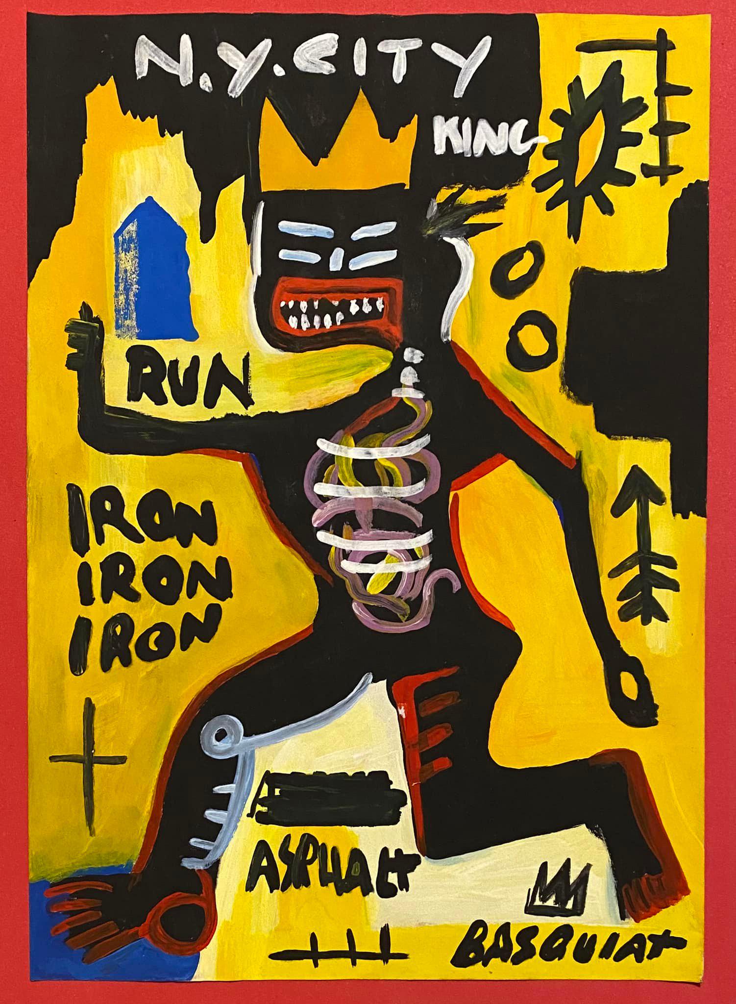 Jean-Michel Basquiat Mixed Media (In the Style of): In the style of Jean-Michel Basquiat Drawing on paper 11 1/2 x 8 1/4 in. Jean-Michel Basquiat (December 22, 1960 - August 12, 1988) was an American artist of Haitian and Puerto Rican descent. Basquiat